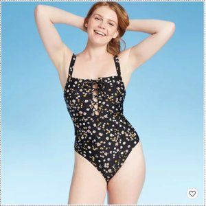 Lace-Up Front One Piece Swimsuit Black Floral